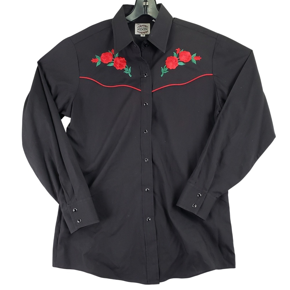 Ely Country Charmers Button Up Shirt Womens M Black Western Pearl Snaps Roses